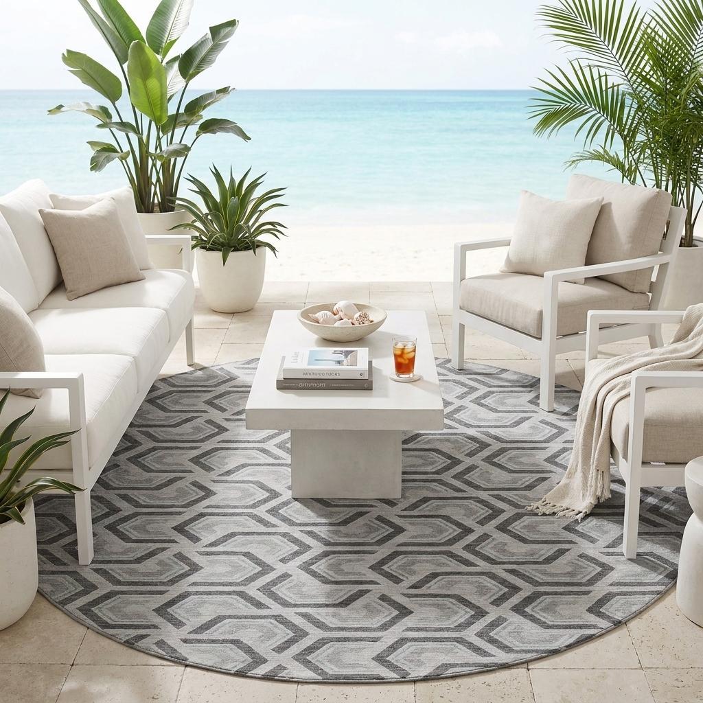 8' Silver And Graphite Round Geometric Washable Indoor Outdoor Area Rug - Sports & Outdoor