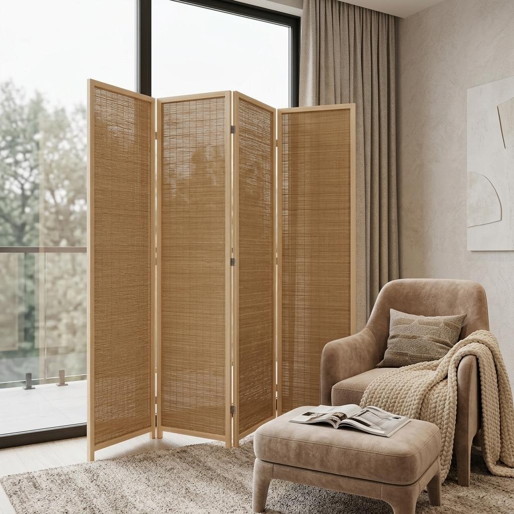 7" Light Bamboo 4 Panel Room Divider Screen - Home & Garden