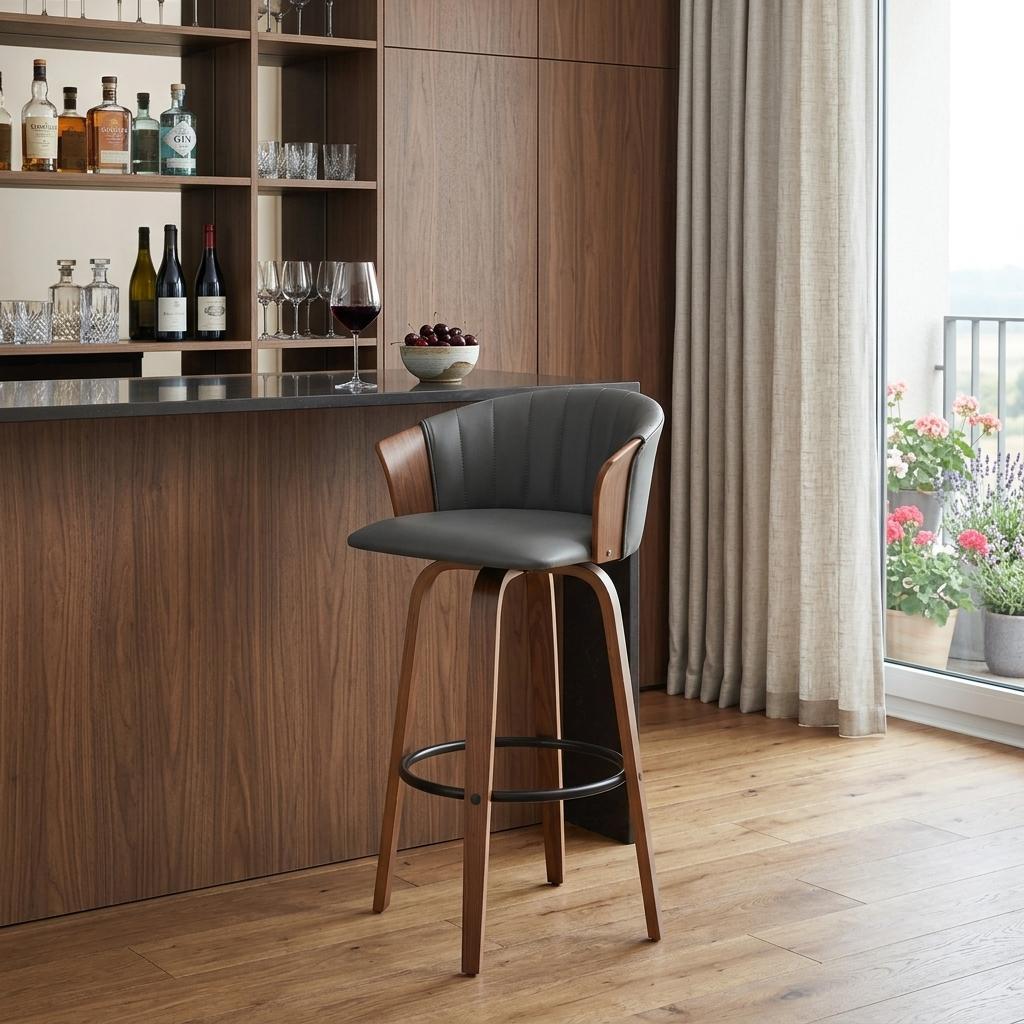 30" Gray And Brown Faux Leather And Fabric And Wood Bar Height Swivel Bar Chair - Living Room
