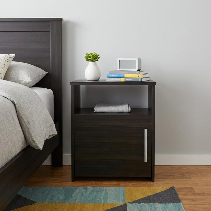 Black wood nightstand with open shelf and drawer, vertical bar handle
