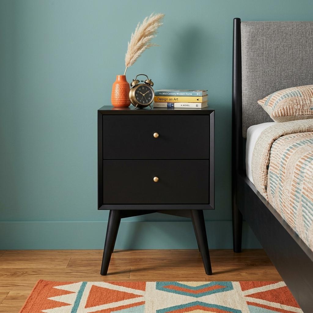 Black two-drawer nightstand with two center drawer fronts and round brass knobs