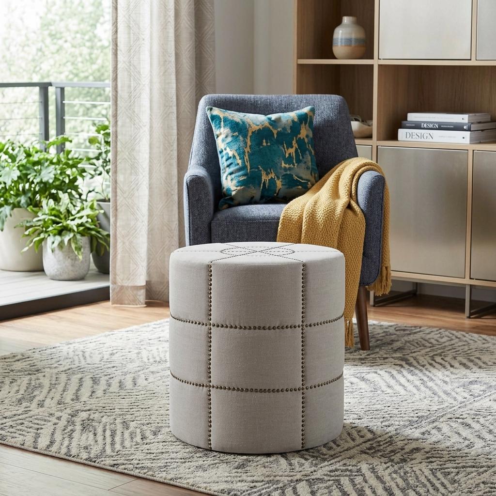 20" Cream Fabric Tufted Round Footstool - Living Room