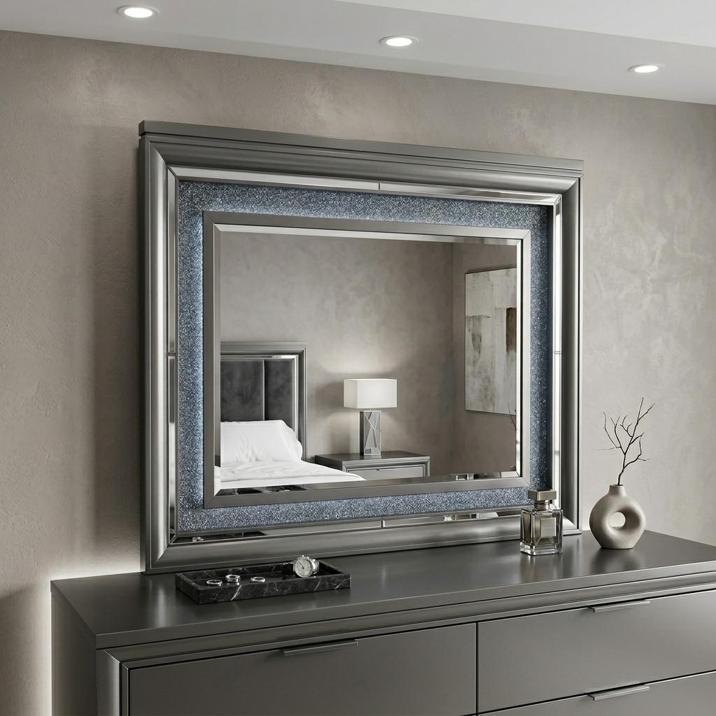 39" Gunmetal Lighted Wood Framed Mounted Dresser Mirror - Bed & Bath