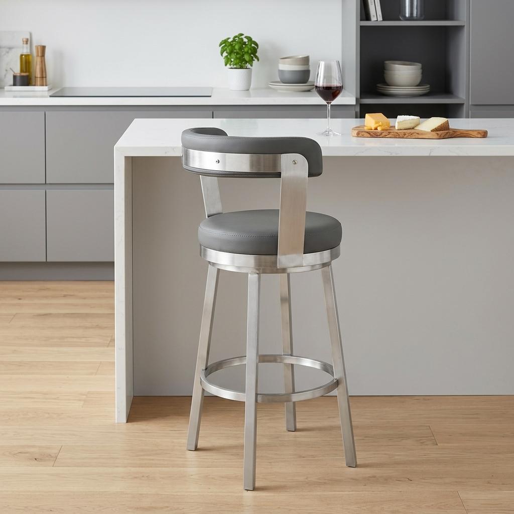26" Gray And Silver Fabric And Iron Backless Counter Height Swivel Bar Chair - Living Room