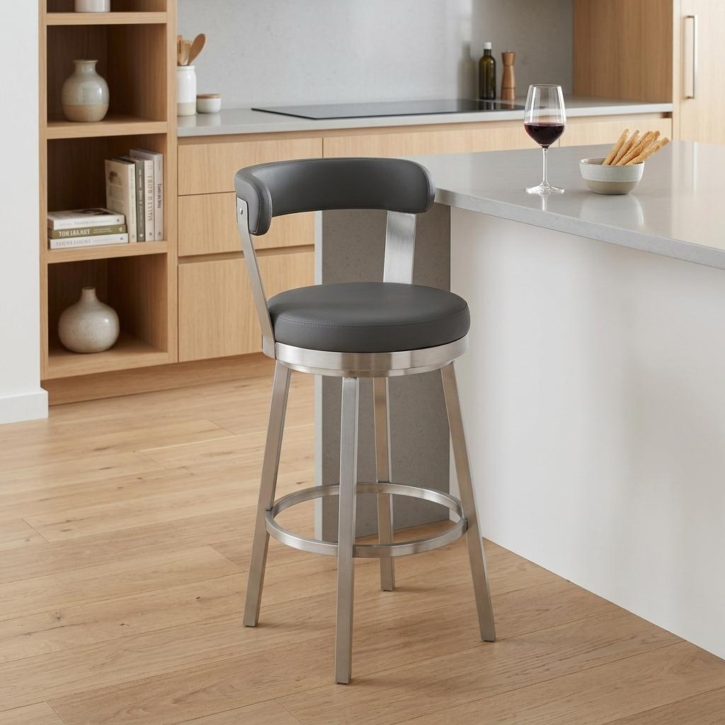 26" Gray And Silver Fabric And Iron Backless Counter Height Swivel Bar Chair - Living Room