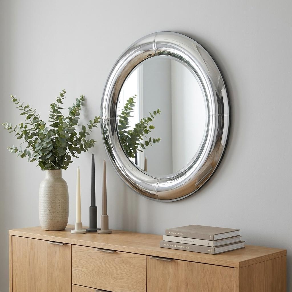 32" Silver Round Curved Frame Accent Mirror - Bed & Bath