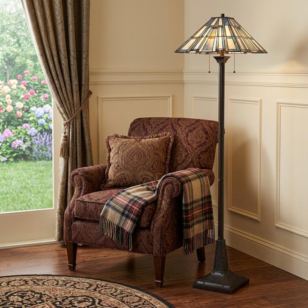 62" Bronze Two Light Traditional Shaped Floor Lamp With Gray and Ivory Abstract Tiffany Glass Empire Shade - Lighting