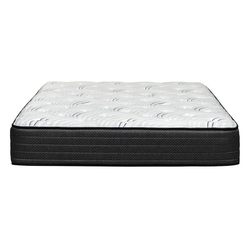 Queen hybrid mattress with white quilted cover and black base, extra-firm support