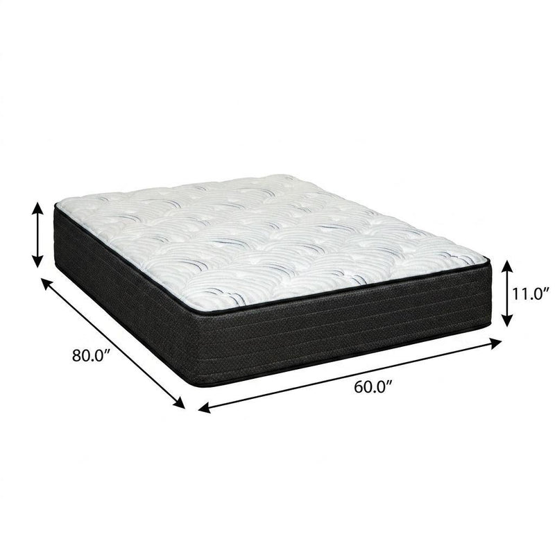 Queen hybrid mattress, 11 in tall; white quilted top, black base, 60x80 in