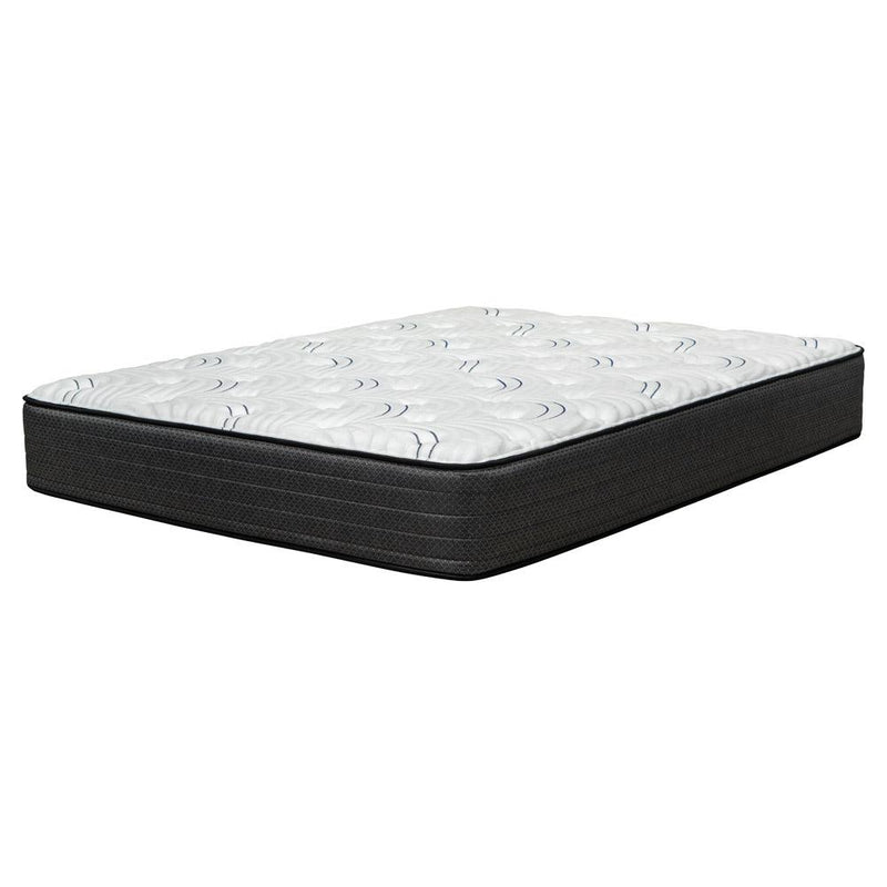 Queen hybrid mattress with white quilted top and black edge, extra-firm foam support