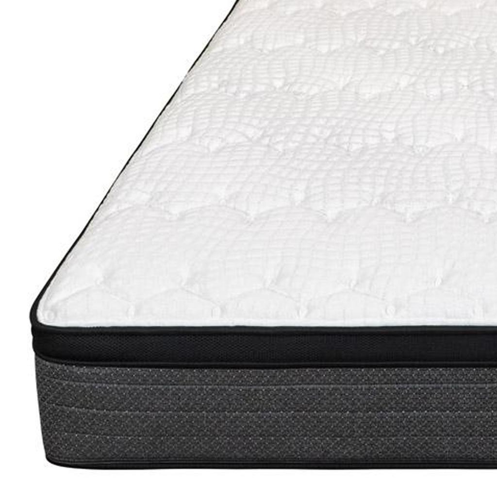 White quilted mattress with a black border, featuring a plush design for enhanced comfort and support.