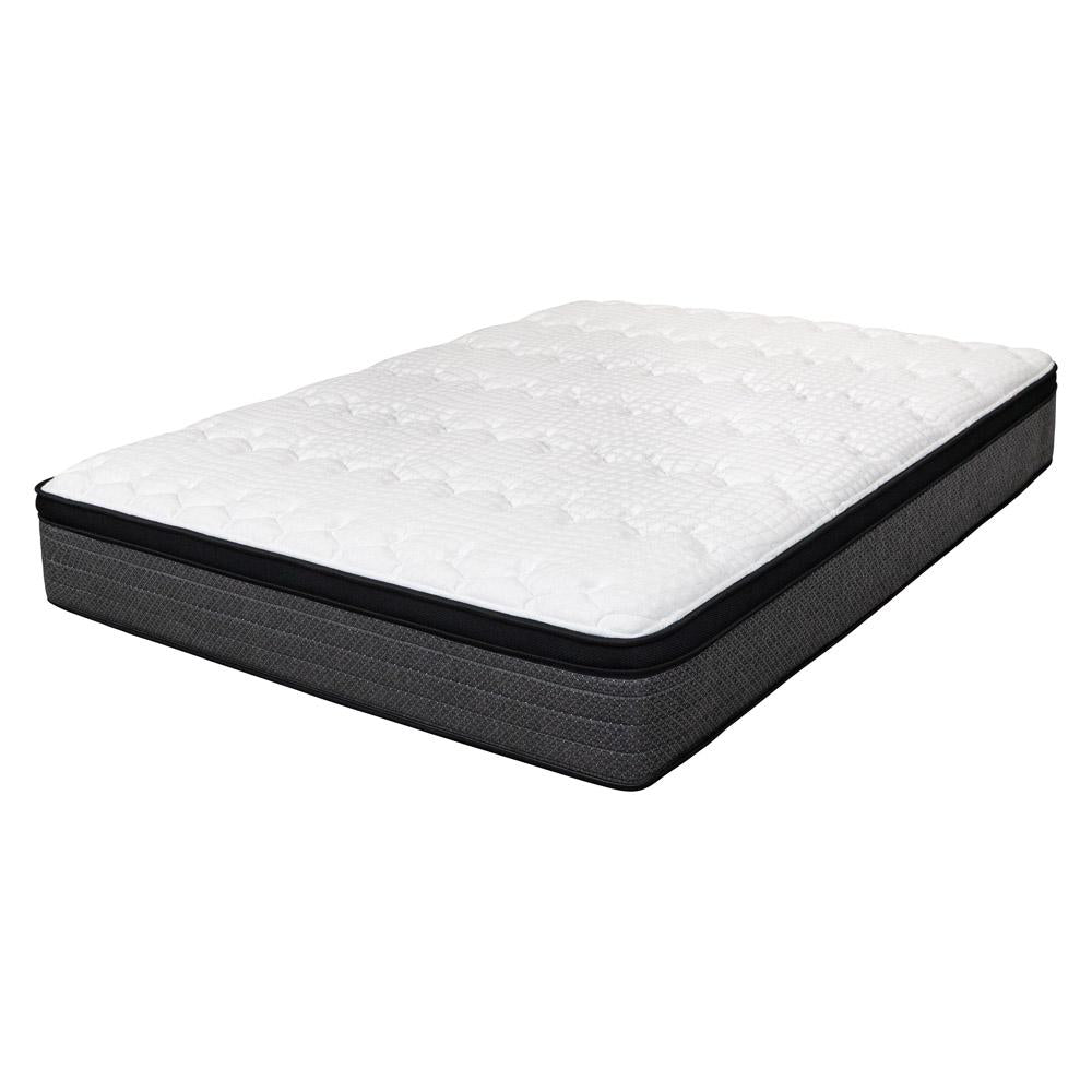 White plush mattress with a gray woven fabric base, featuring a quilted design for added comfort and support.