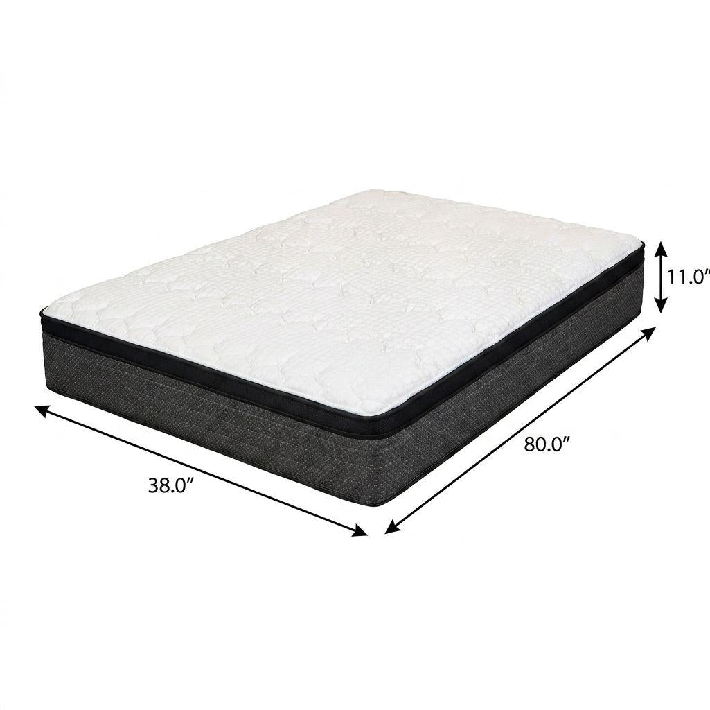 White quilted mattress with a gray fabric base, 38"x80"x11", ideal for comfort and support.