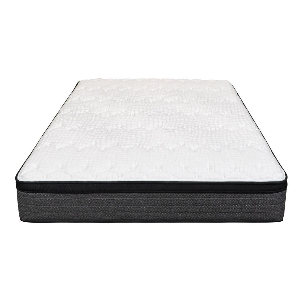 White quilted mattress with a dark gray fabric base, designed for comfort and support. Ideal for all bed types.