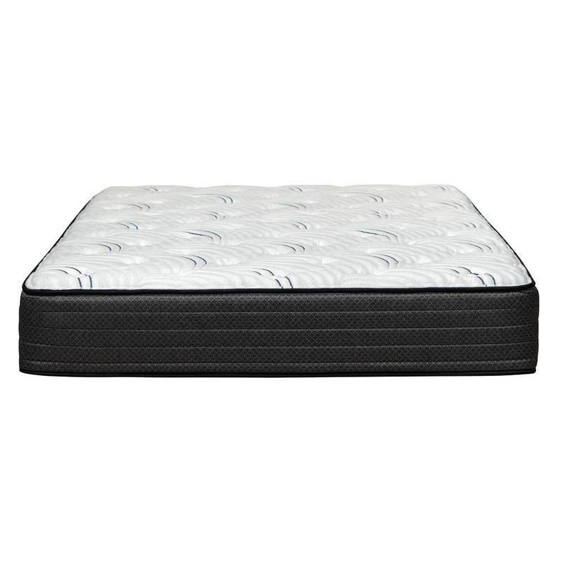 11 in hybrid mattress with white quilted top and dark charcoal sides