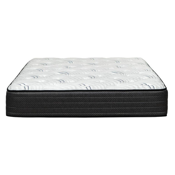 Full hybrid mattress with white quilted top and black foam base, medium feel.