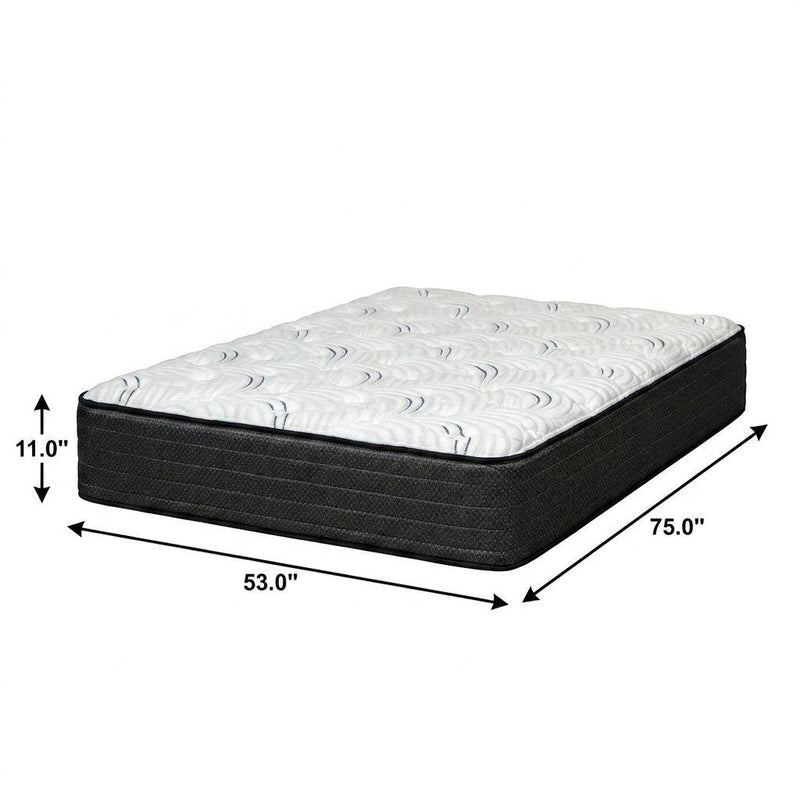 Full hybrid mattress dimensions shown: 75 x 53 x 11 inches, white top and black sides.