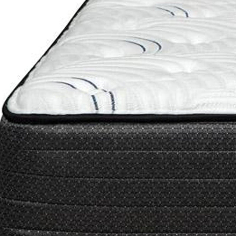 Close-up view of full hybrid mattress side and top quilting in white with blue accents.