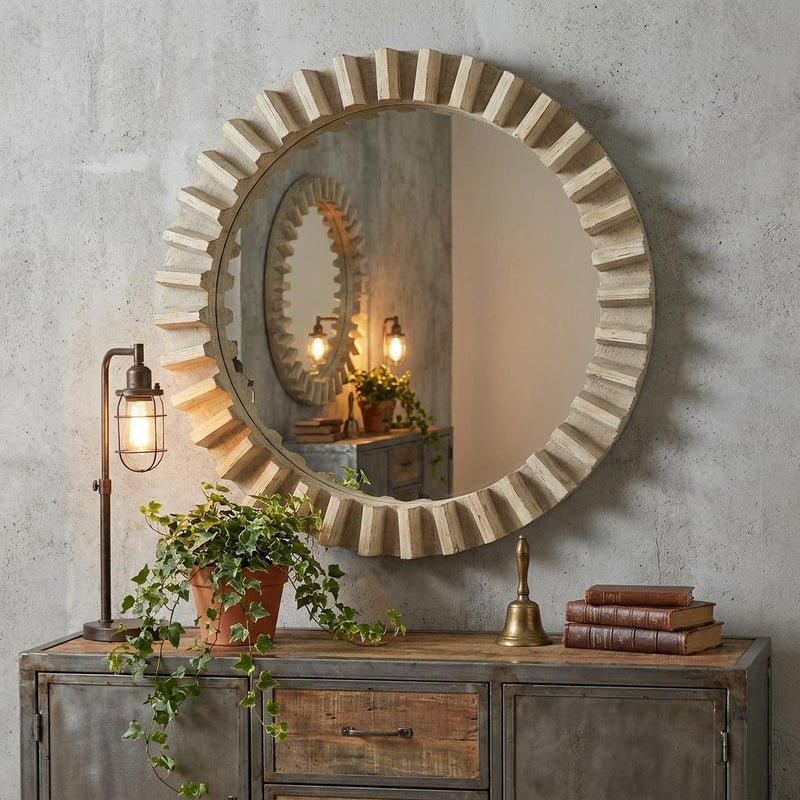 35" Round Natural Brown Wood Frame Wall Mirror - Bed & Bath