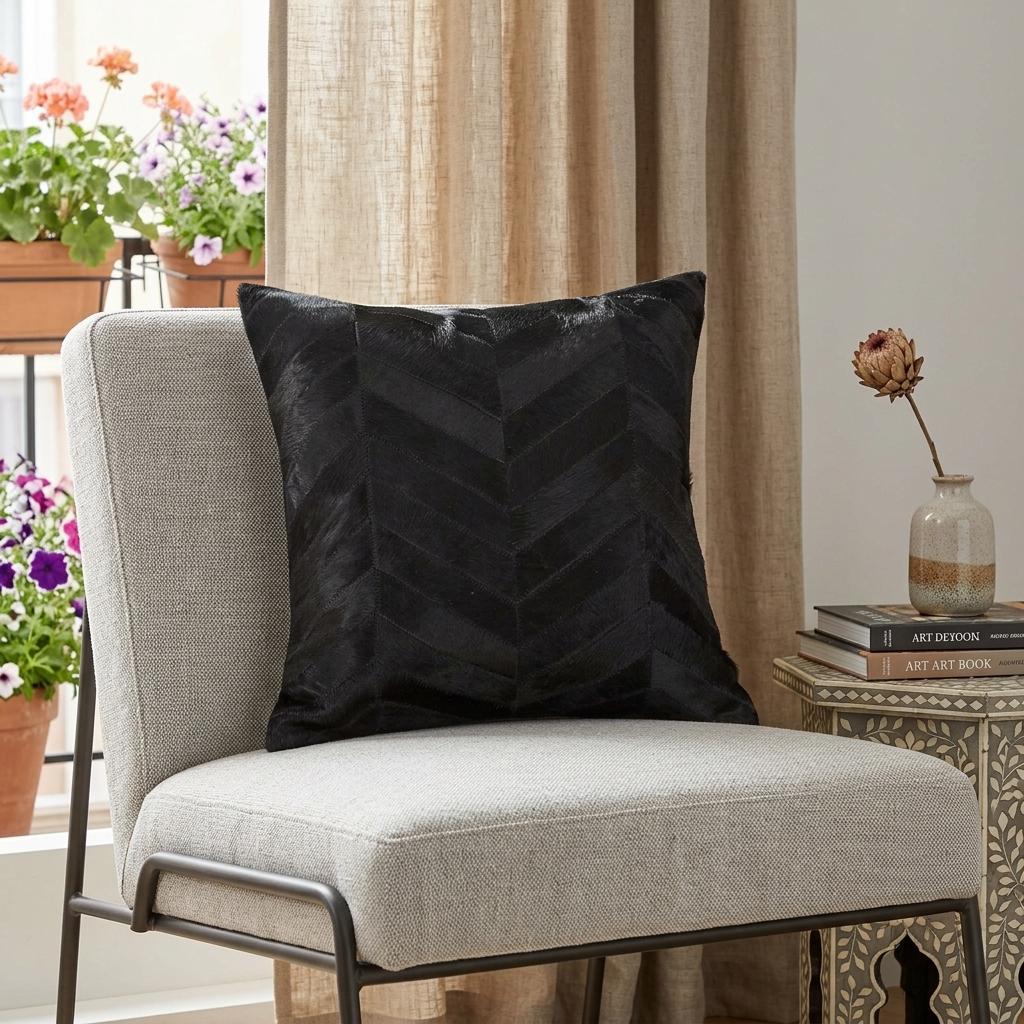 18" Black Cowhide Throw Pillow - Home & Garden
