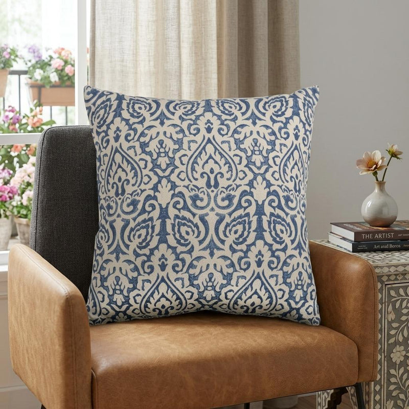 22" Blue And Natural Damask Cotton Throw Pillow - Home Decor