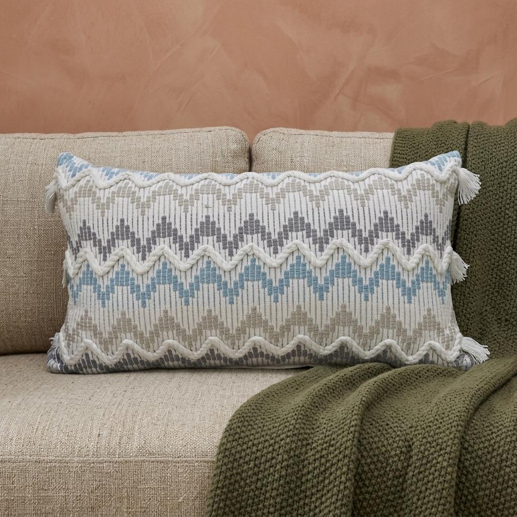 14" X 24" White Gray and Blue Chevron Cotton Lumbar Throw Pillow With Tassels and Texture - Home Decor