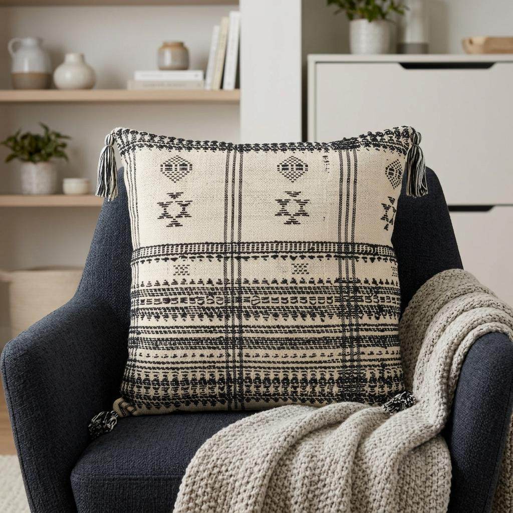 18" Beige and Black Southwestern Cotton Throw Pillow With Tassels - Home & Garden