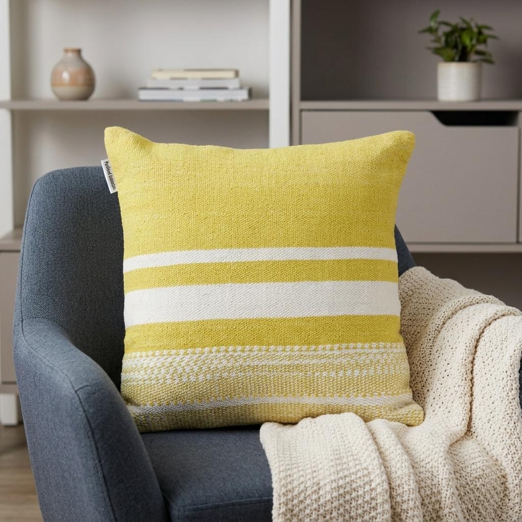 18" Yellow And White Striped Cotton Throw Pillow - Home & Garden