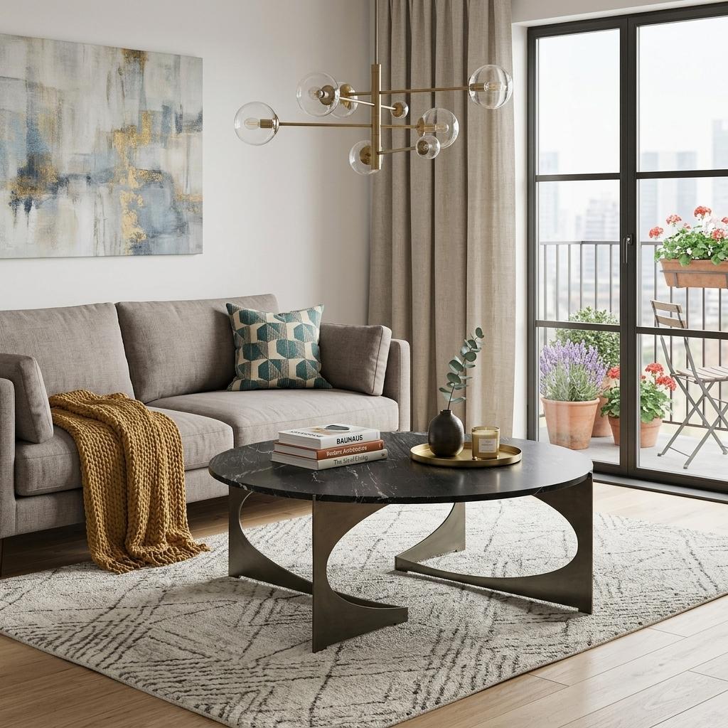 Round black marble coffee table with geometric black iron base in a living room