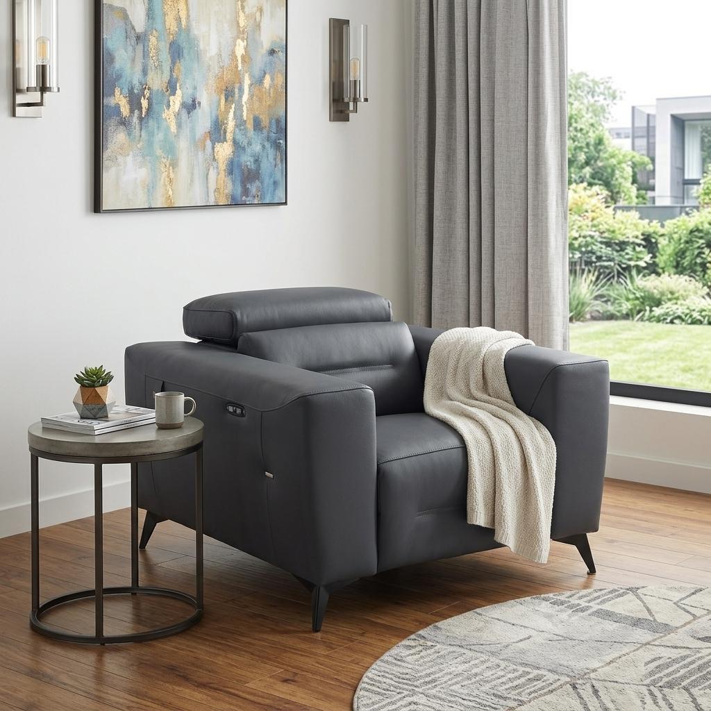 41" Dark Gray Italian Leather Power Recliner Chair - Living Room