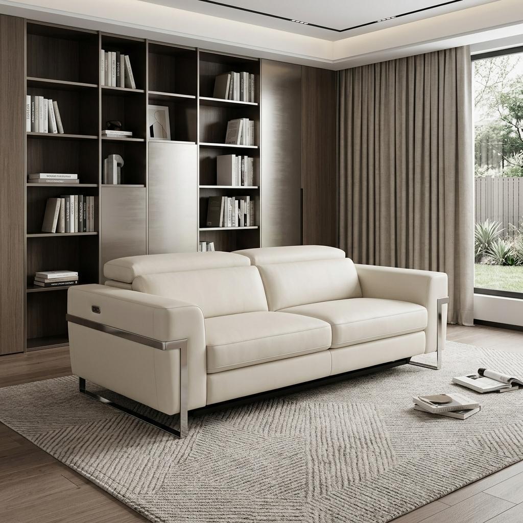 83" Beige Italian Leather USB Reclining Sofa With Silver Legs - Living Room