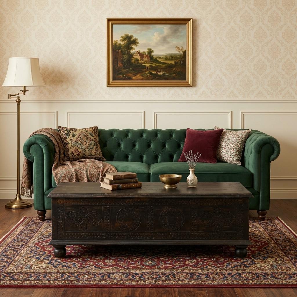 Dark carved lift-top coffee table centered in a living room setting with upholstered sofa.