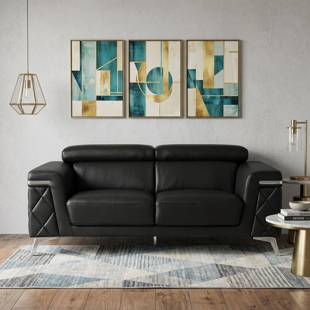70" Black And Silver Metallic Top Grain Leather Loveseat - Living Room