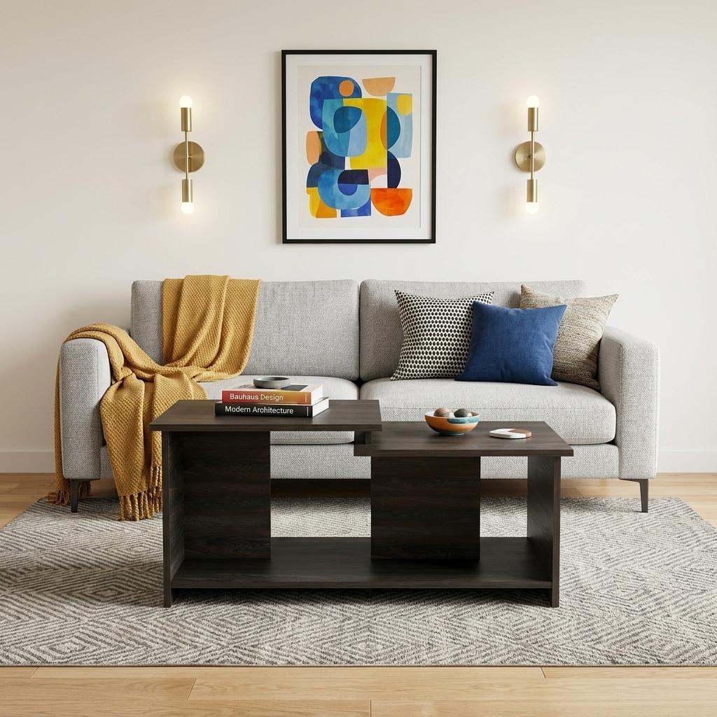 Dark espresso wood coffee table with open cubbies and center shelf