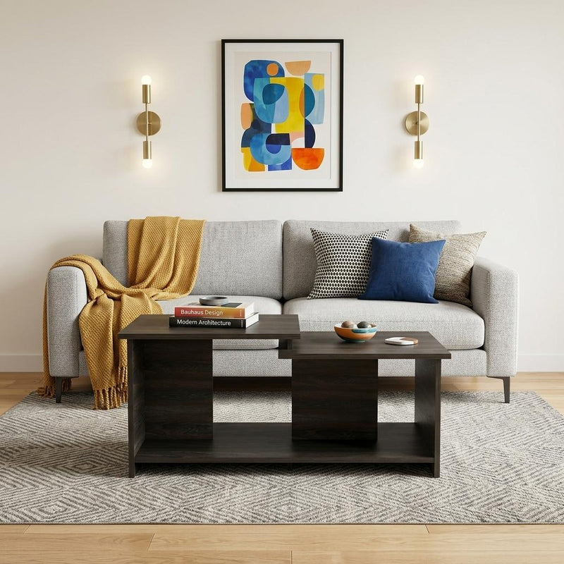 Dark espresso wood coffee table with open cubbies and center shelf
