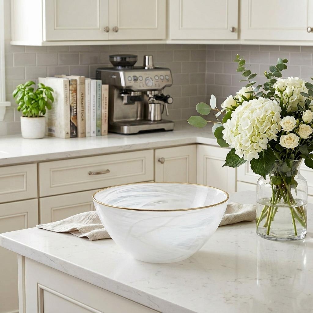 10" White and Gold Alabaster Glass Round Serving Bowl - Kitchen & Dining