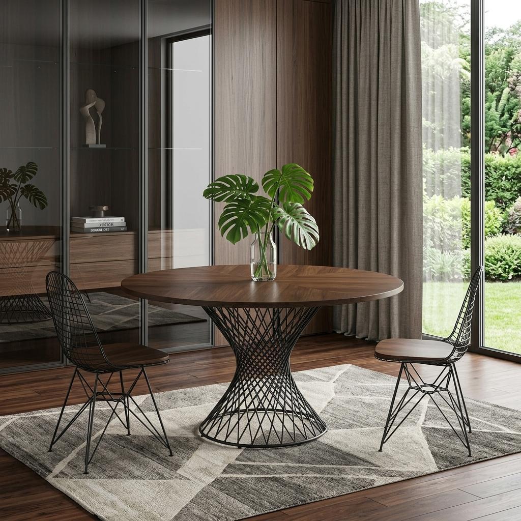 54" Brown And Black Rounded Solid Manufactured Wood And Iron Pedestal Base Dining Table - Kitchen & Dining