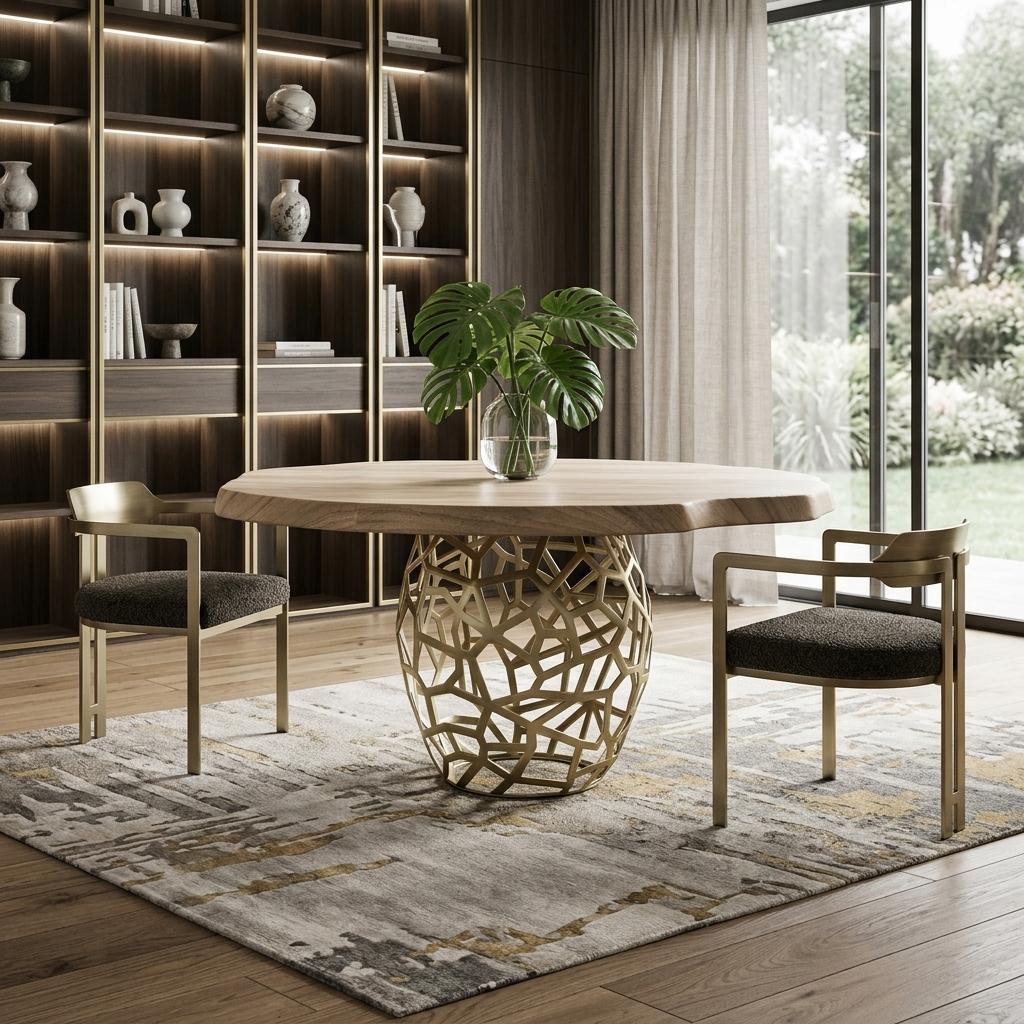63" Brown And Brass Rounded Solid Wood And Iron Pedestal Base Dining Table - Kitchen & Dining
