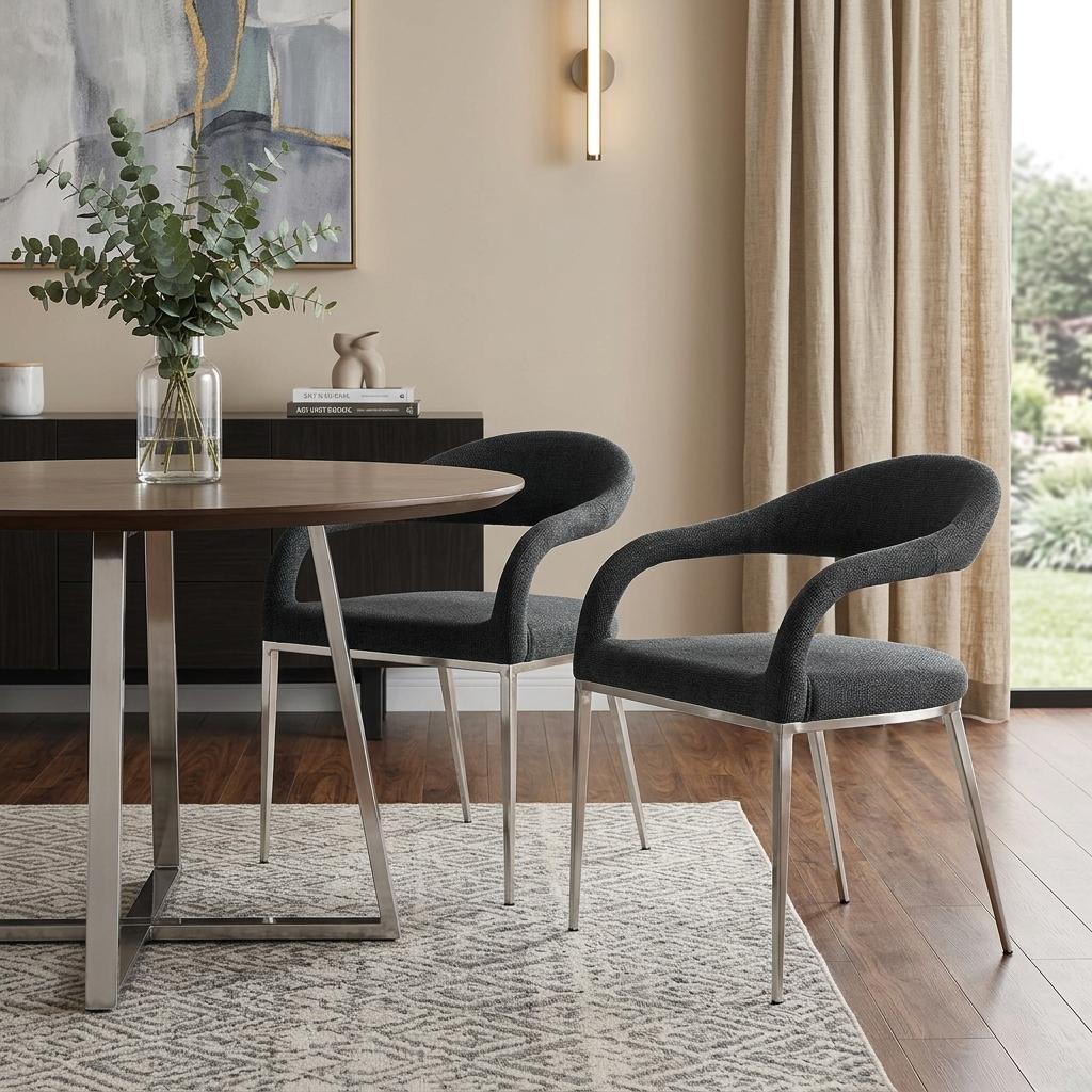 Set of Two Gray And Silver Upholstered Polyester Open Back Dining Arm Chairs - Kitchen & Dining