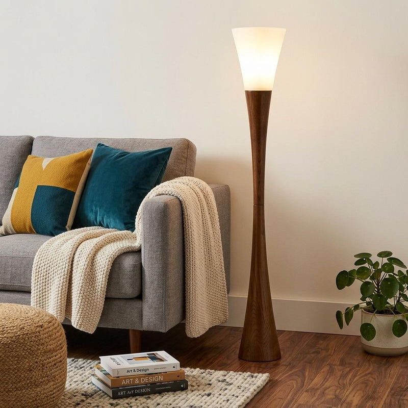 68" Brown And White Solid Wood Novelty Floor Lamp With White Acrylic Cone Shade - Lighting