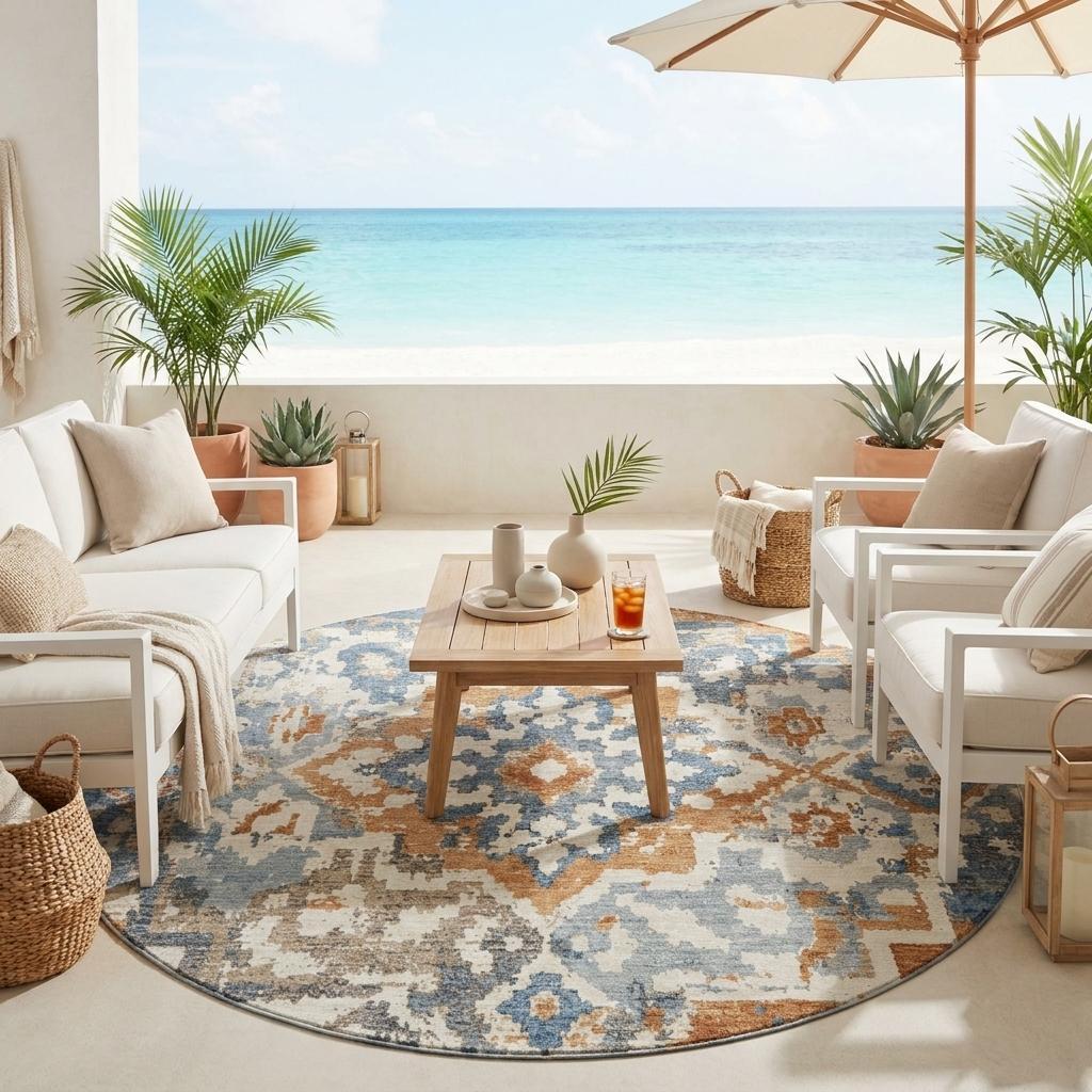 8' Cream And Ivory Round Medallion Washable Indoor Outdoor Area Rug - Sports & Outdoor