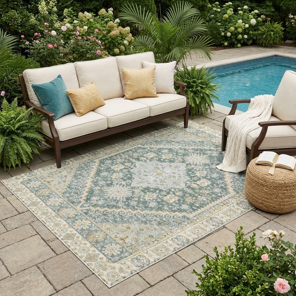 5' X 8' Fern Green And Green Oriental Washable Indoor Outdoor Area Rug - Sports & Outdoor