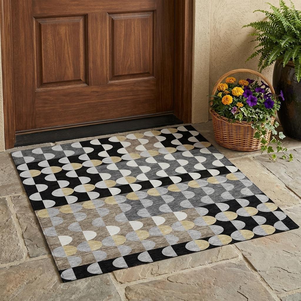 3' X 5' Black And Silver Geometric Washable Indoor Outdoor Area Rug - Sports & Outdoor