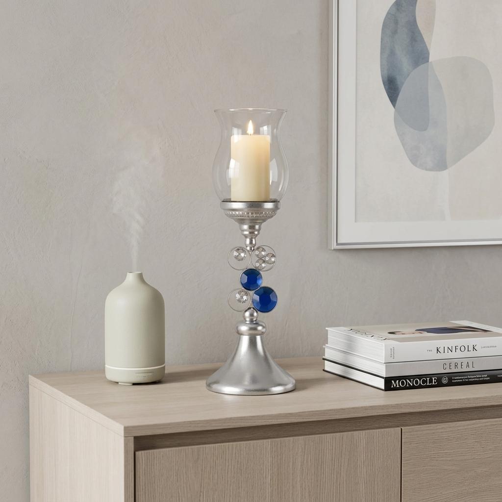 21" Silver and Blue Faux Crystal Bling Hurricane Candle Holder - Home & Garden