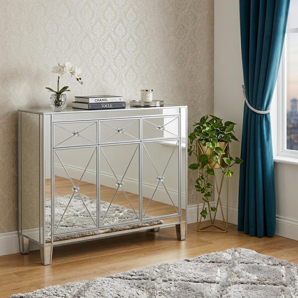40" Silver Glass Three Drawer Sideboard with Three Doors - Kitchen & Dining