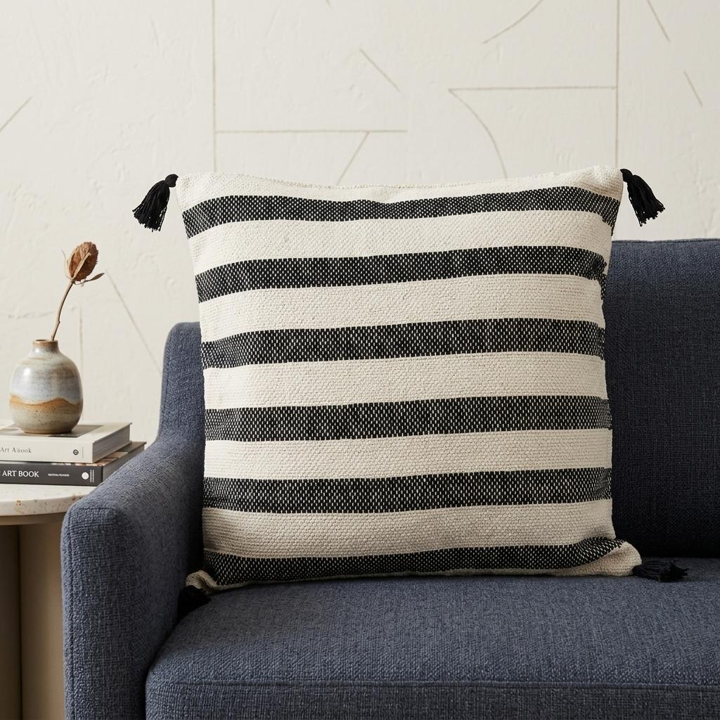 24" Beige and Black Striped Cotton Throw Pillow With Tassels - Home & Garden