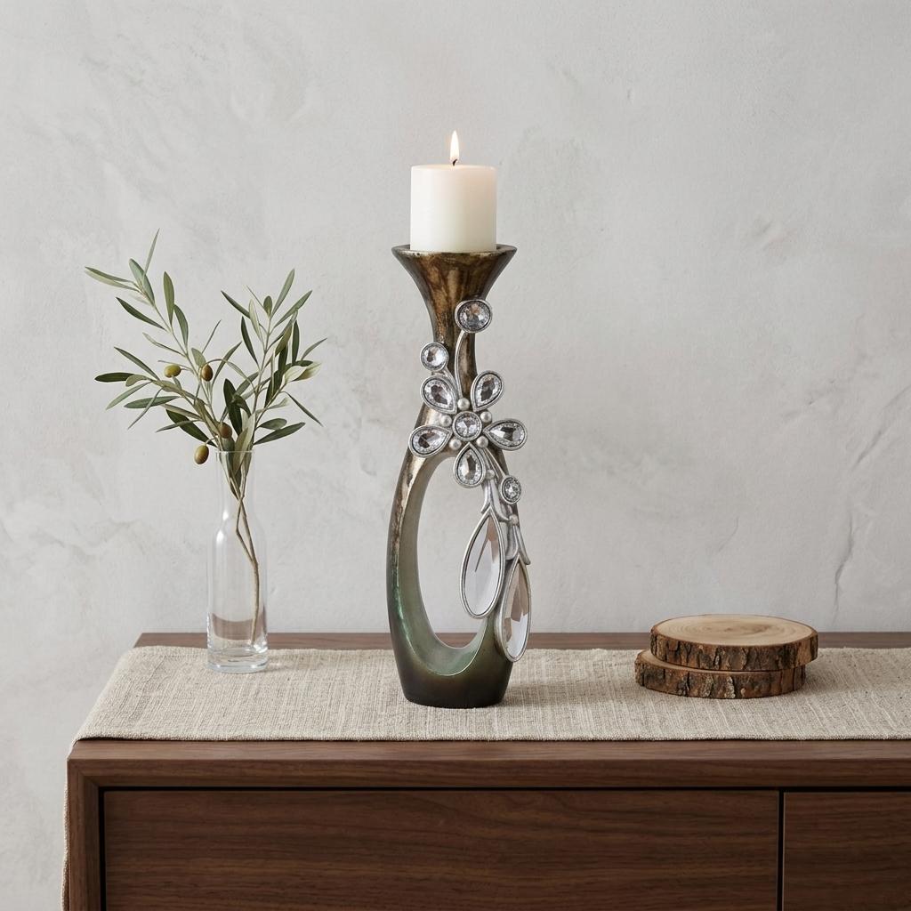 20" Ornate Faux Crystal Tabletop Pillar Candle Holder - Home Decor