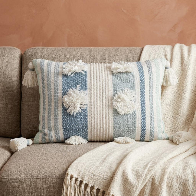 14" X 20" Cream and Blue Striped Cotton Blend Lumbar Throw Pillow With Pom-poms and Tassels - Home Decor