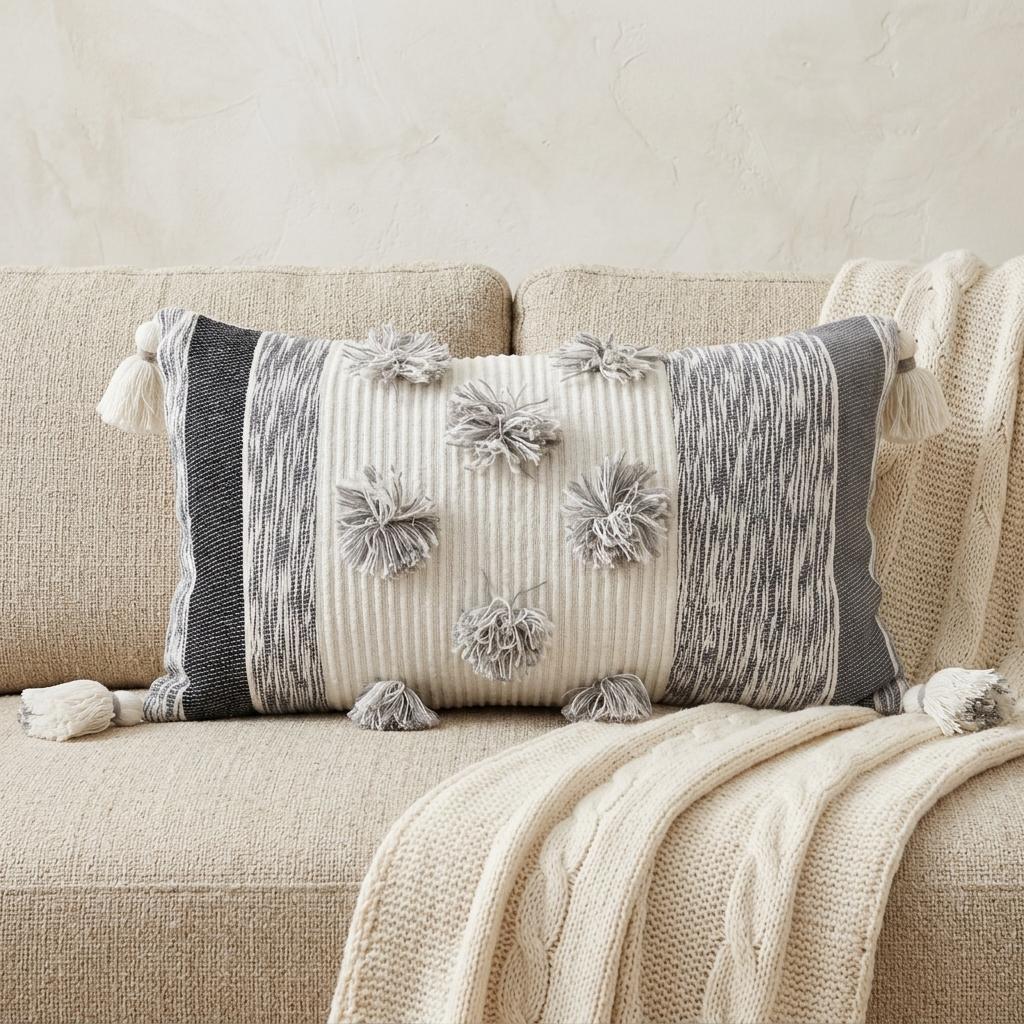 14" X 24" White and Gray Striped Cotton Blend Lumbar Throw Pillow With Pom-poms and Tassels - Home Decor