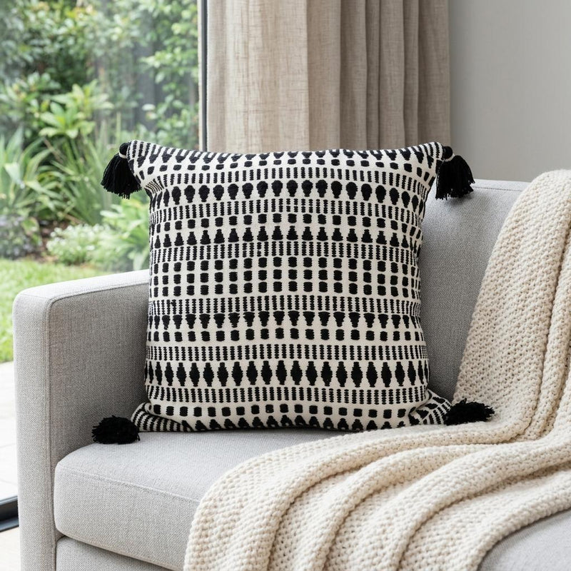 22" Black and White Southwestern Cotton Blend Throw Pillow With Tassels - Home Decor